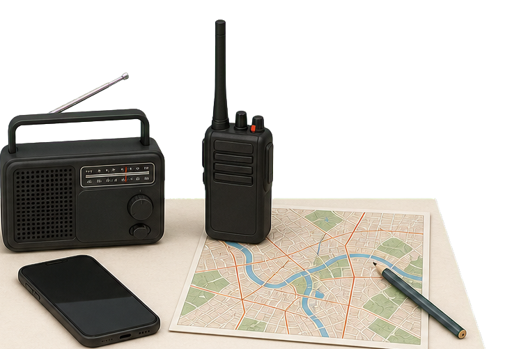 Popierinis miesto žemėlapis, telefonas, radijas ir įkrovimo priemonės
